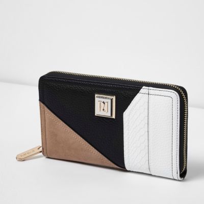 Beige colour block zip around purse